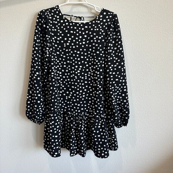 Sanctuary Black & White Spotted Drop Waist Ruffle Hem Long Sleeve Mini Dress XS - Picture 1 of 4